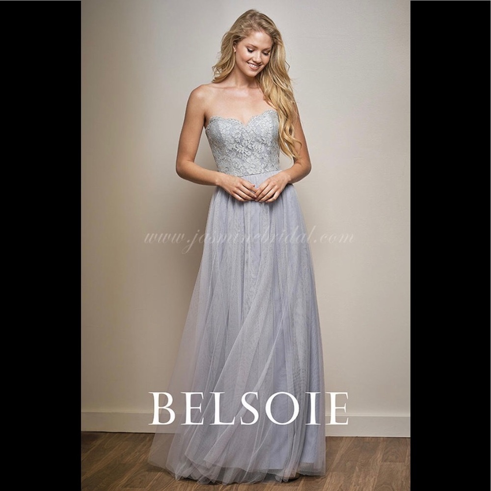 Belsoie L204006 Long Sweetheart Strapless Lace Tulle Bridesmaid Dress gray 10